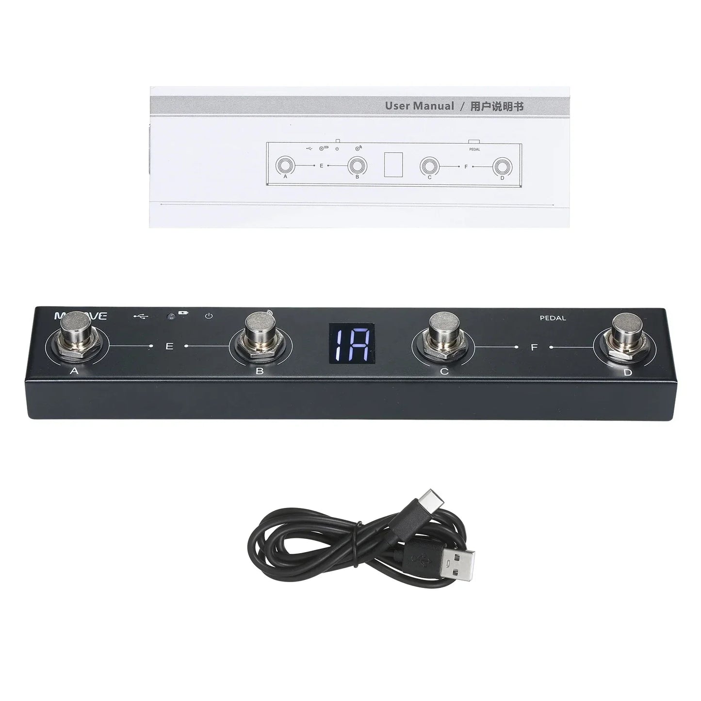 Black rectangular m-vave chocolate bt wireless midi controller with four metallic footswitches and rechargeable portable midi foot pedal