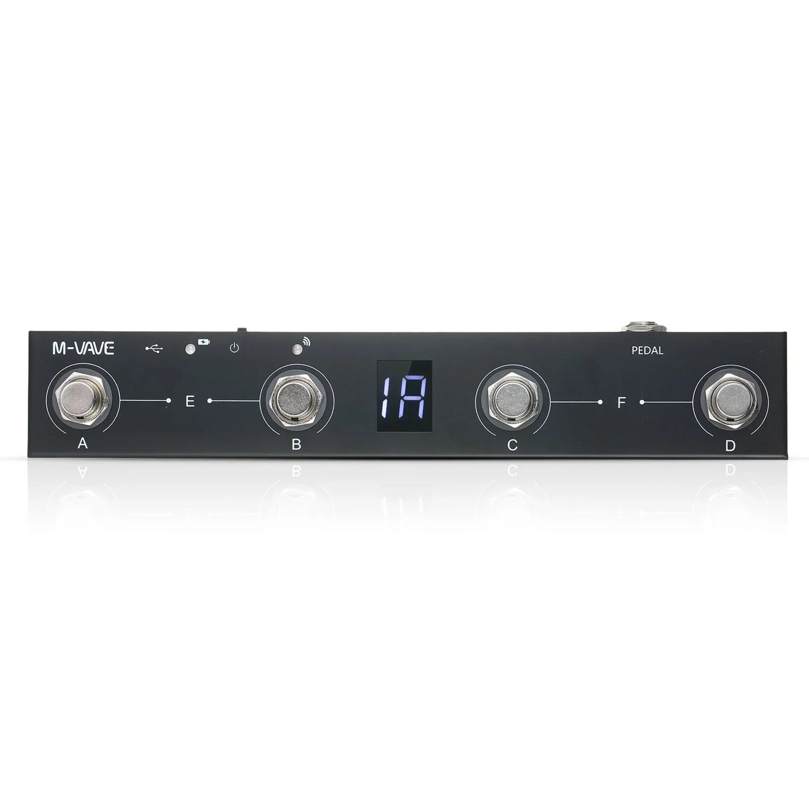 Black m-vave chocolate wireless midi controller pedal with four silver footswitches and digital display number 14