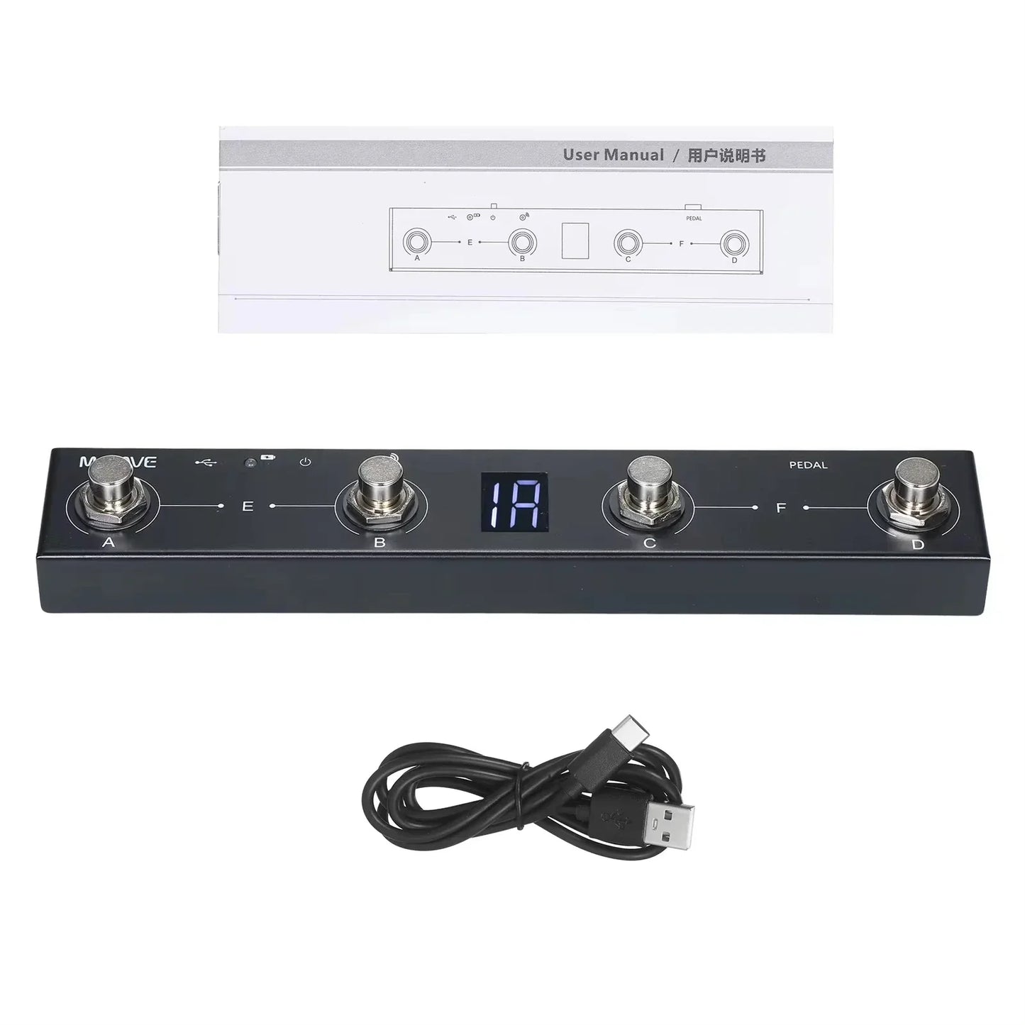 Black rectangular m-vave chocolate midi controller bt rechargeable pedal with four footswitches and pedal app control