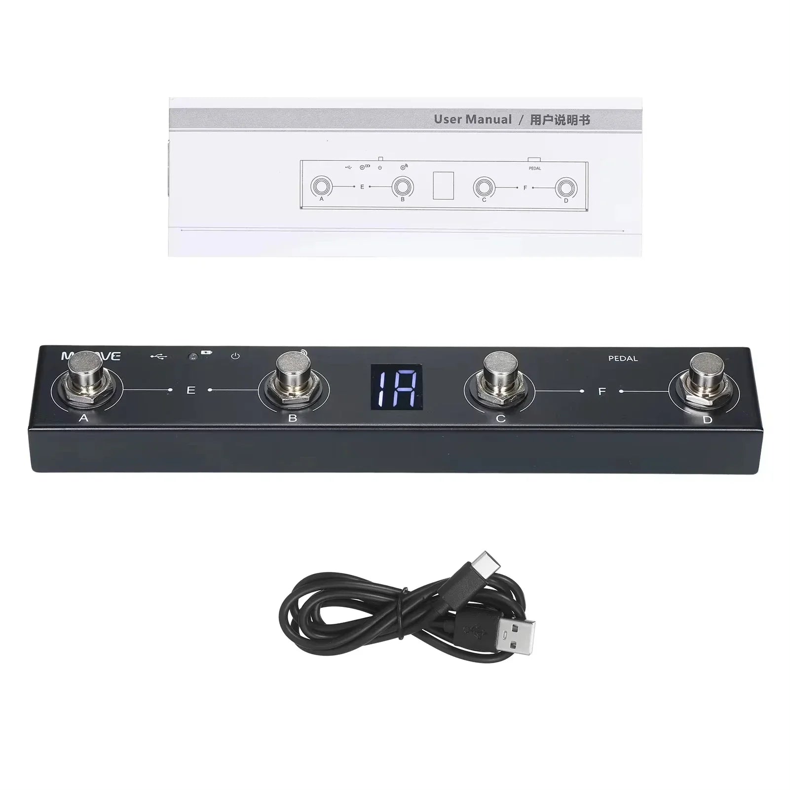 Black rectangular m-vave chocolate midi controller bt rechargeable pedal with four footswitches and pedal app control
