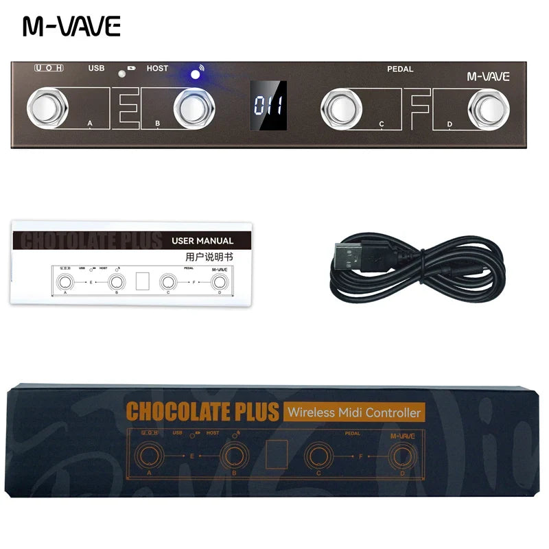 M-vave chocolate midi controller bt rechargeable with black and silver knobs digital display and labeled usb host pedal ports