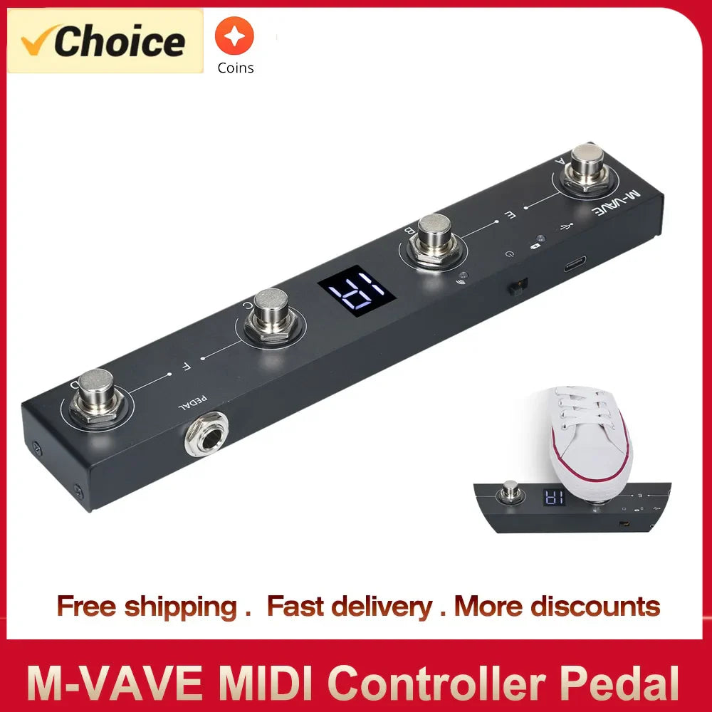 Black m-vave rechargeable controller pedal with silver metallic foot pedals and digital display for opening pdf and app control