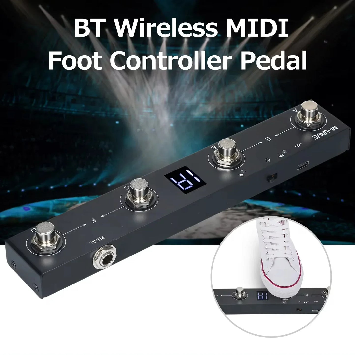Black M-Audio BT wireless midi foot controller pedal with silver metallic pedals and rechargeable chocolate midi controller features