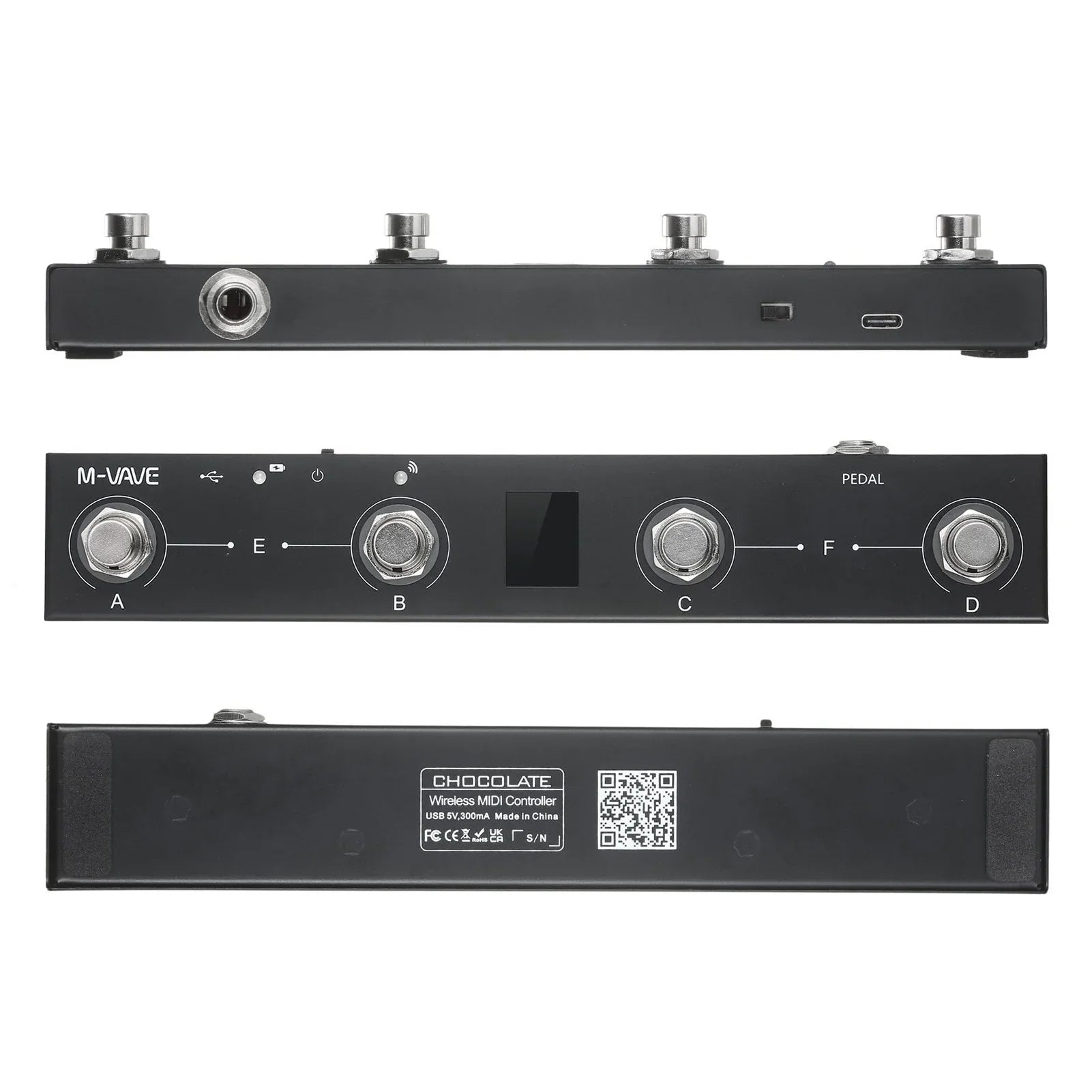 Black chocolate midi controller m-wave with four silver foot pedals, small screen, controller pedal app, and wireless transmission