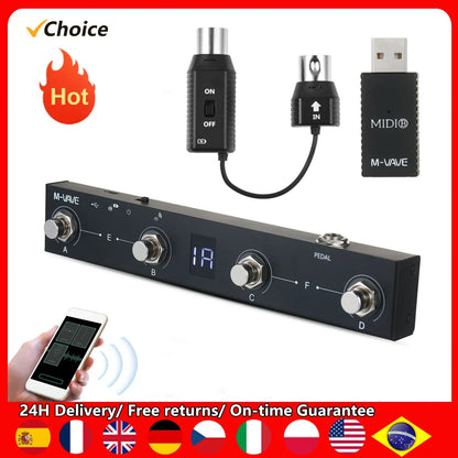 Black m-vave chocolate midi controller pedal with single body size, lithium battery, digital display, and four silver knobs