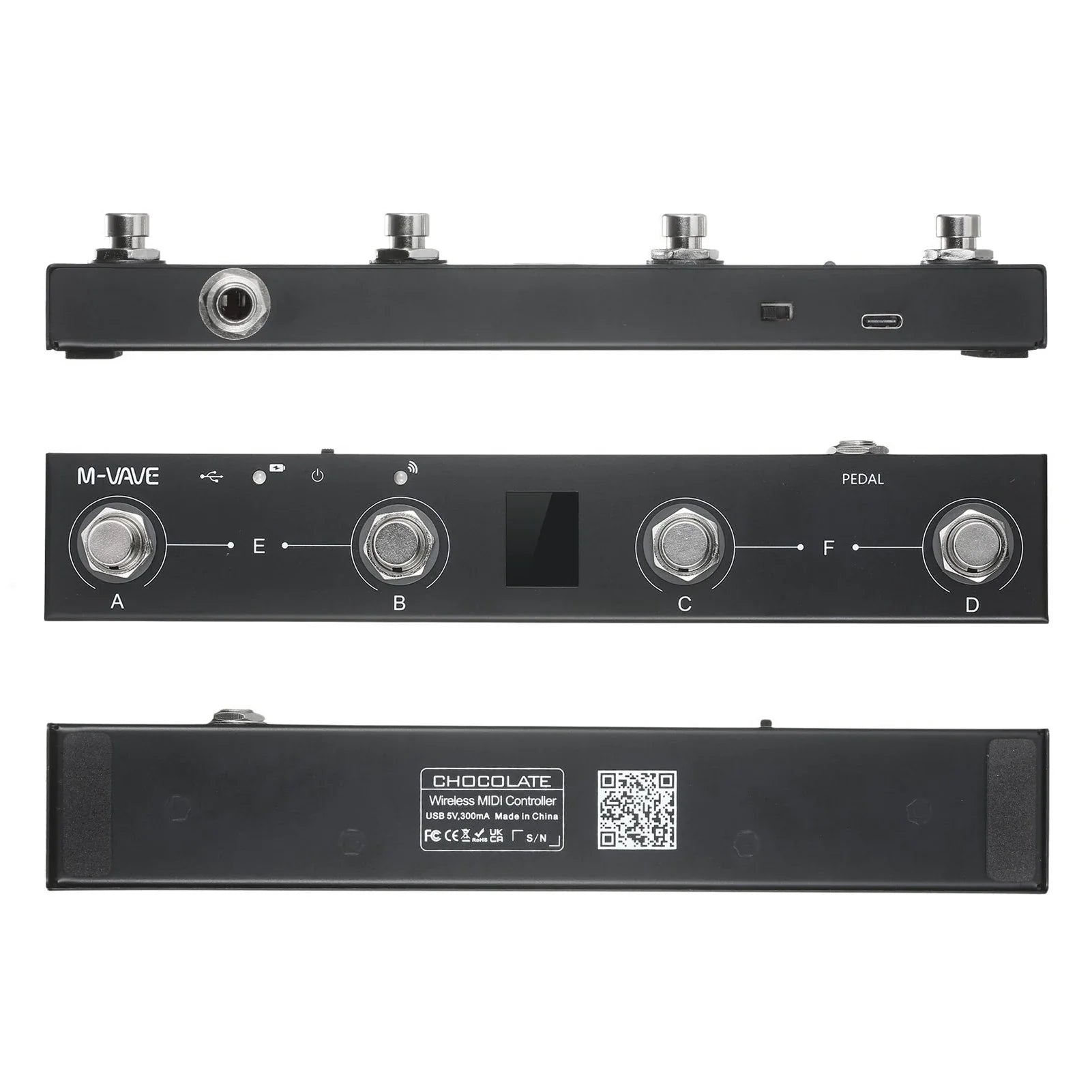 Black m-vave chocolate midi controller pedal with four silver knobs usb-c port and wireless transmission system