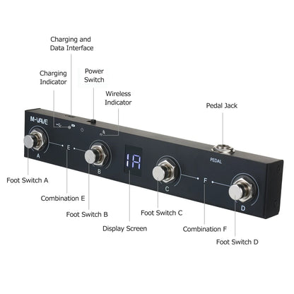 Black m-vave controller pedal with four silver metal switches, digital display, lithium battery, and single body size design