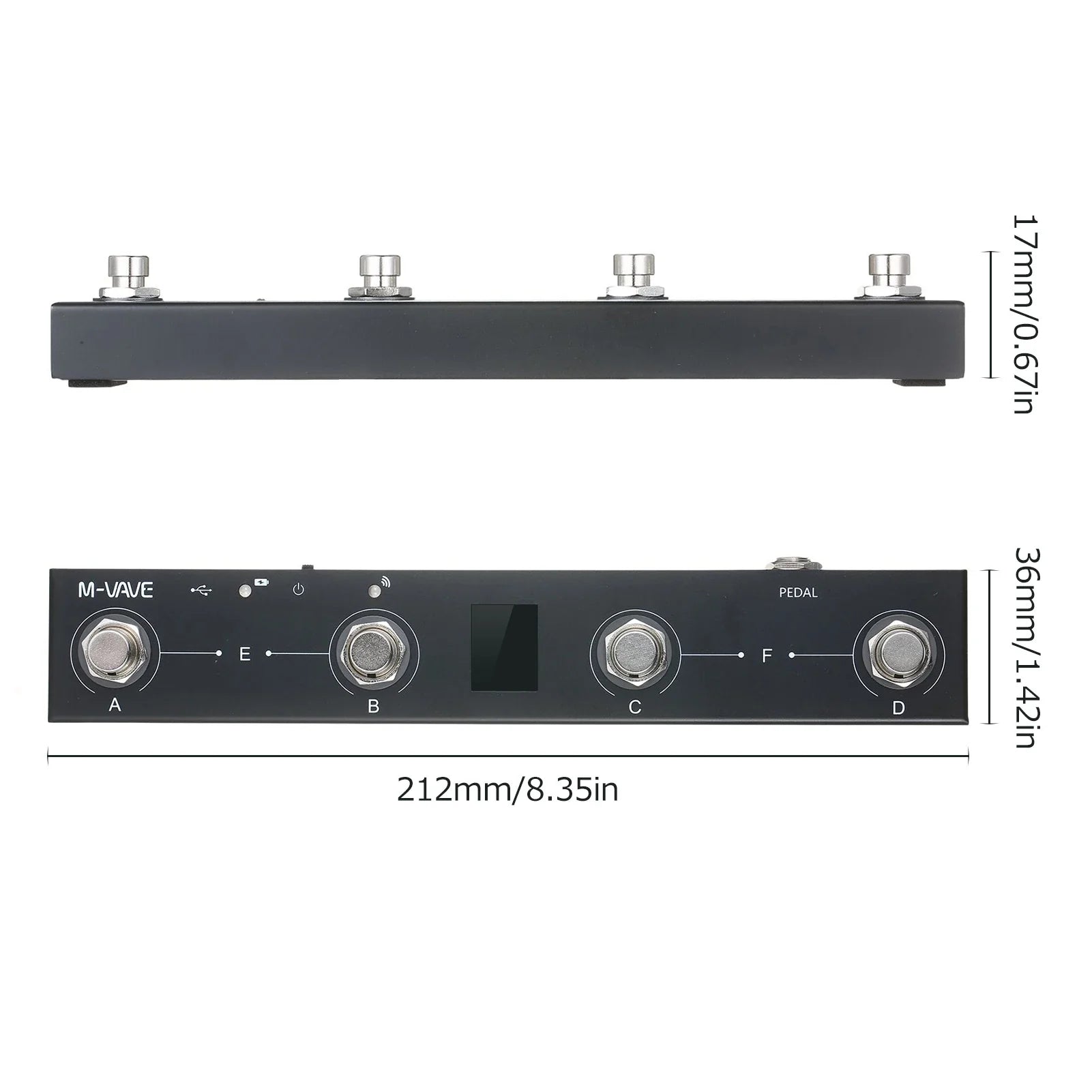 Black m-vave controller pedal with four silver knobs lithium battery and small digital display in single body size