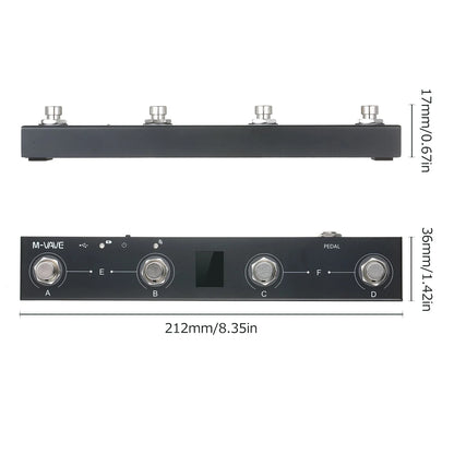 Black m-vave controller pedal with four silver knobs lithium battery and small digital display in single body size