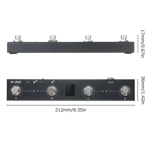 Black m-vave controller pedal with four silver knobs and digital display for app control and opening pdf files