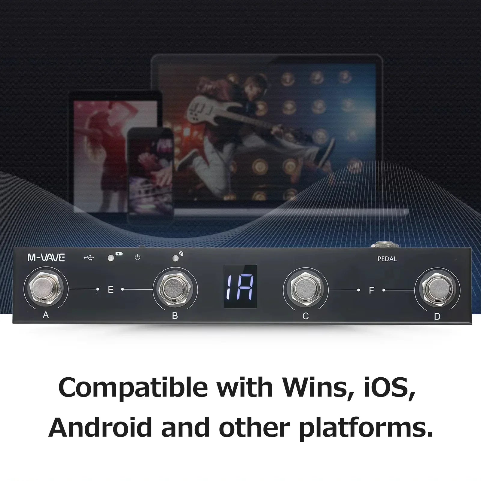 Black m-wave rechargeable wireless chocolate midi controller pedal with four silver knobs and pedal app control display