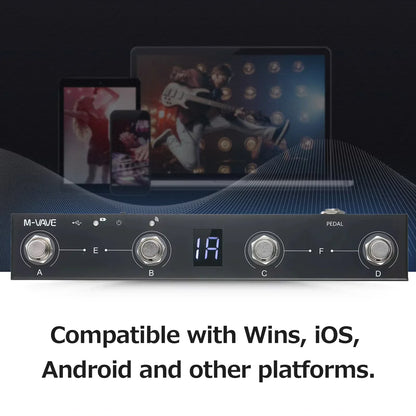 Black m-wave rechargeable wireless chocolate midi controller pedal with four silver knobs and pedal app control display