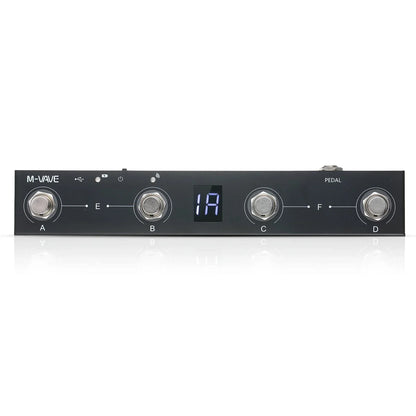 Black m-wave chocolate midi controller pedal with four silver footswitches and digital display showing number 14 with wireless rechargeable function