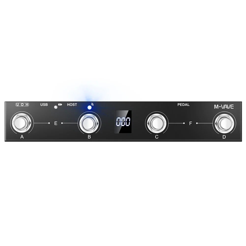 Black m-vave audio interface with four silver knobs and digital display for midi footswitch controller rechargeable use with pedal wireless transmission
