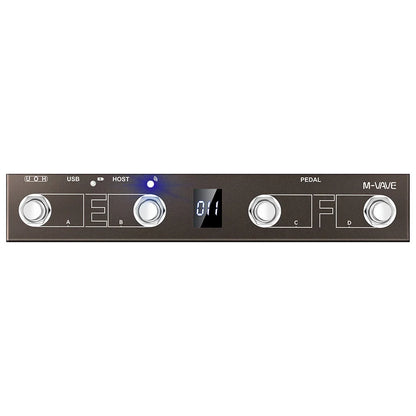 Black m-vave midi footswitch controller with silver knobs and digital display for pedal wireless transmission rechargeable use