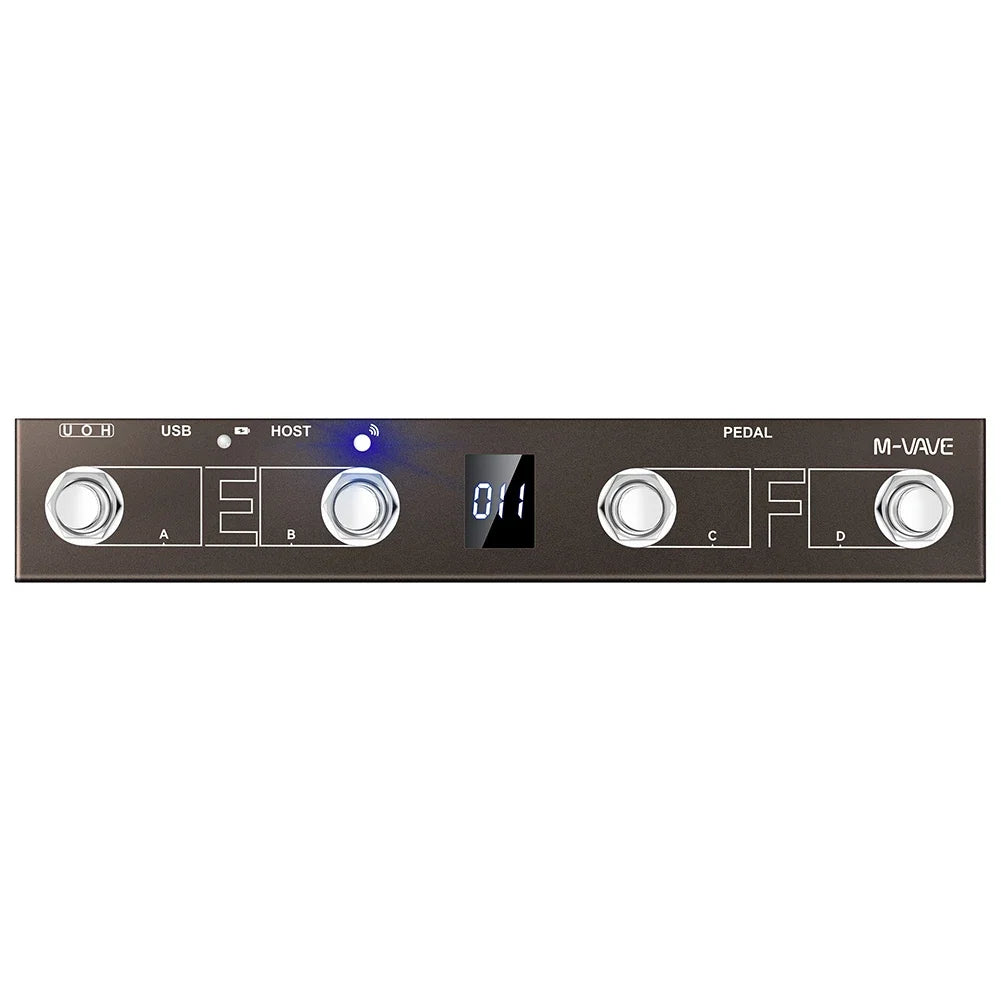 Black m-vave audio interface with silver knobs and digital display is a rechargeable midi footswitch controller pedal wireless transmission