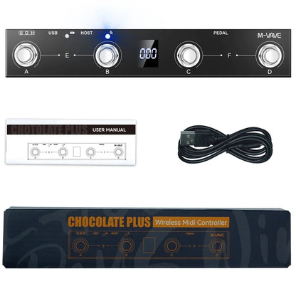 Black chocolate plus midi footswitch controller rechargeable with four silver knobs and wireless transmission ports