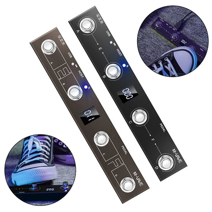 Black m-a-vox midi footswitch controller pedalboard with silver knobs and illuminated digital display for wireless use