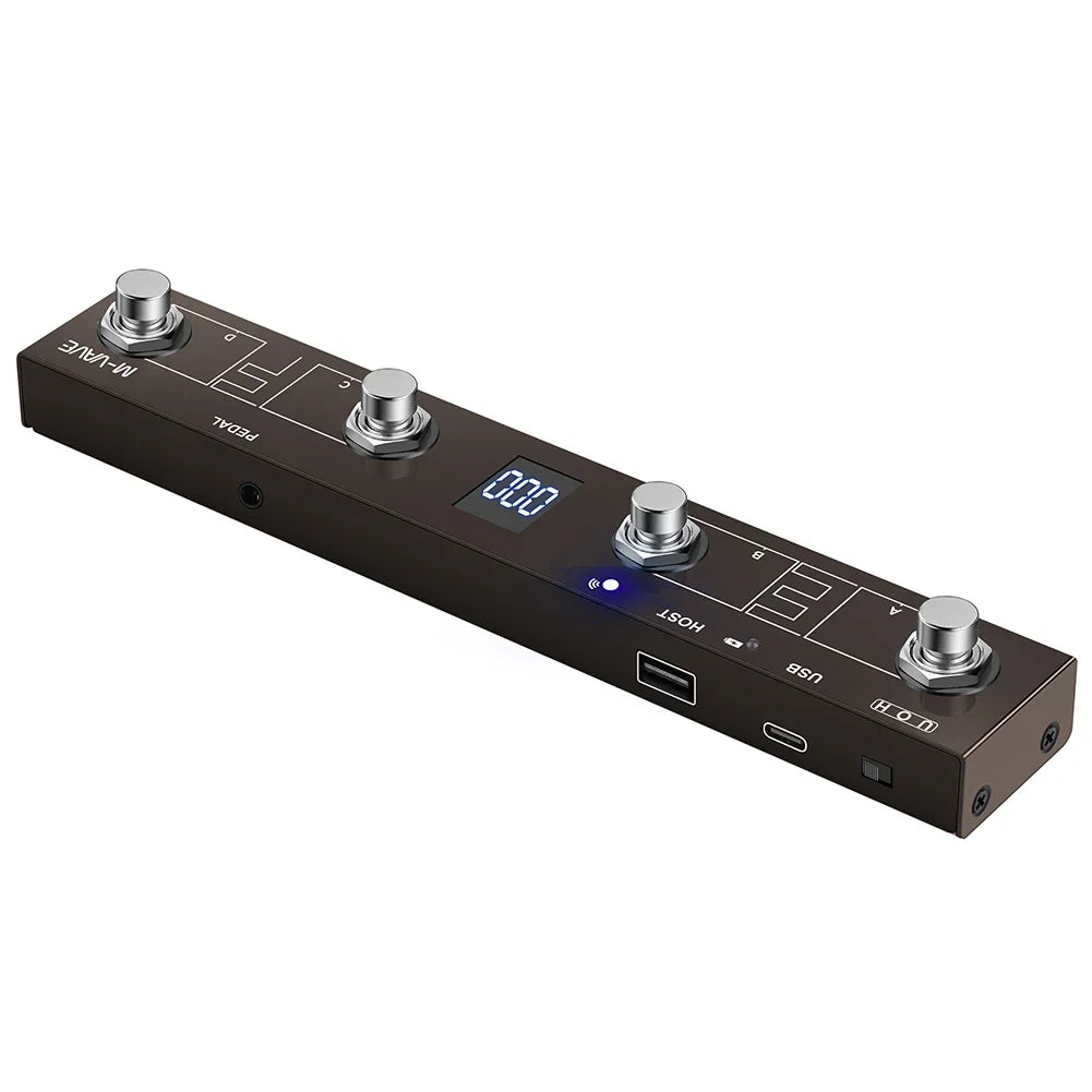 Black m-audio midi footswitch controller pedal with four silver buttons usb-c ports and pedal wireless transmission