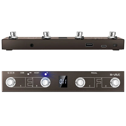 Black m-vave pedalboard with silver knobs and digital display midi footswitch controller rechargeable with wireless transmission