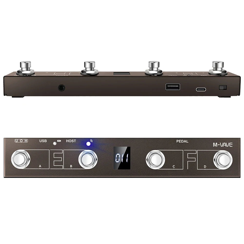 Black m-vave pedalboard with silver knobs and digital display for midi footswitch controller rechargeable pedal wireless transmission