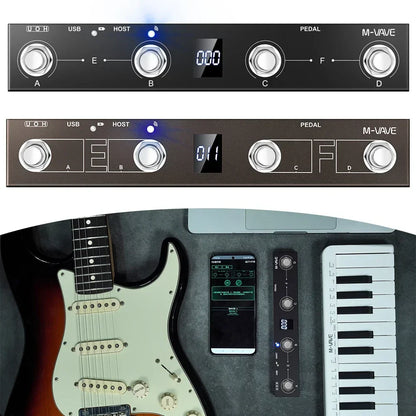 Black m-vave midi footswitch controller with silver knobs digital display rechargeable pedal wireless transmission