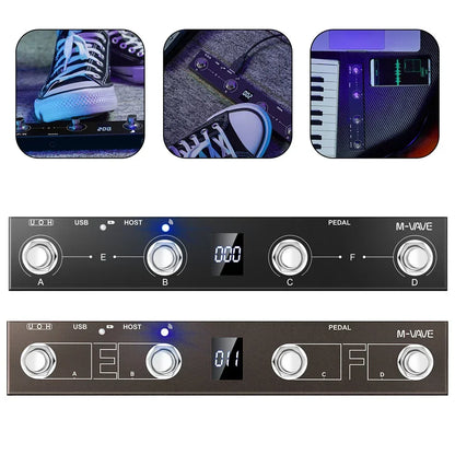 Black m-wave midi footswitch controller pedal with silver knobs and digital display for wireless rechargeable use