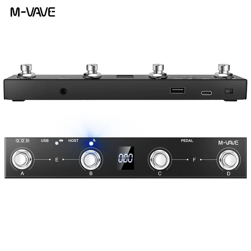 Black m-vave chocolate plus portable wireless midi foot controller with silver knobs and digital display for musicians