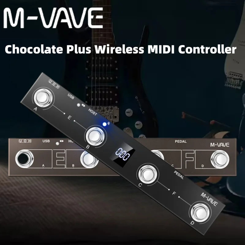 Black m-vave chocolate plus portable wireless midi foot controller with silver knobs and digital display for musicians and DJ