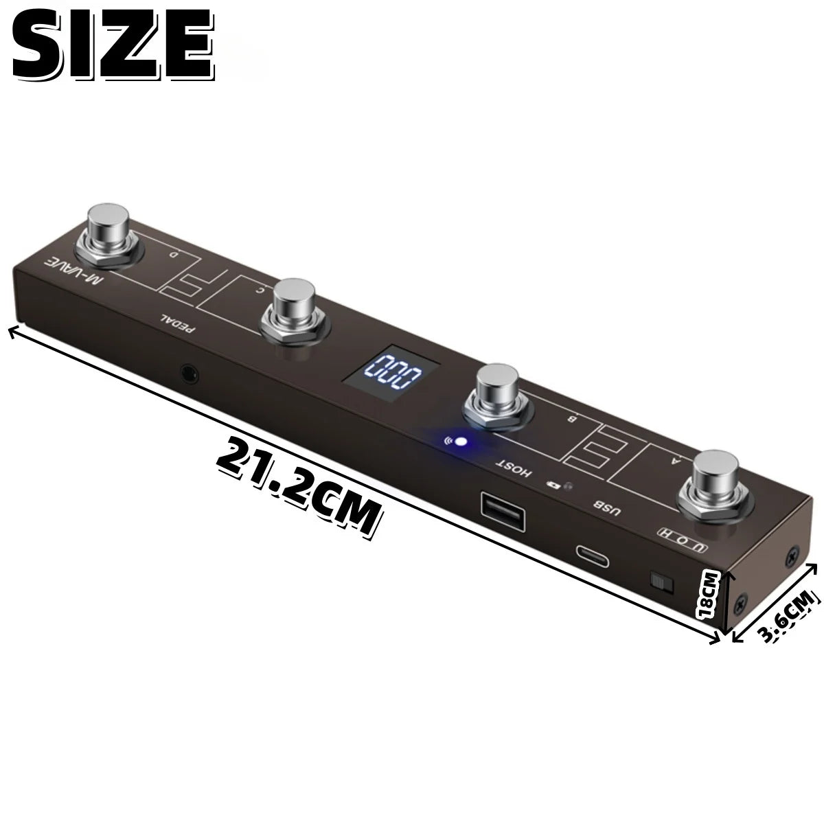 Black rectangular midi foot controller with four silver knobs digital display and usb ports for wireless midi foot use