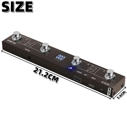 Black rectangular midi foot controller with four silver knobs digital display and usb ports for wireless midi foot use
