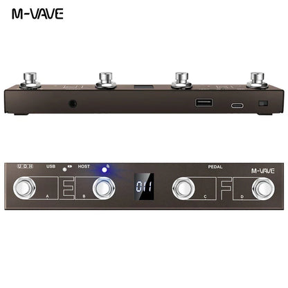 Black m-vave midi foot controller with four silver footswitches and digital display plus portable wireless midi foot pedal
