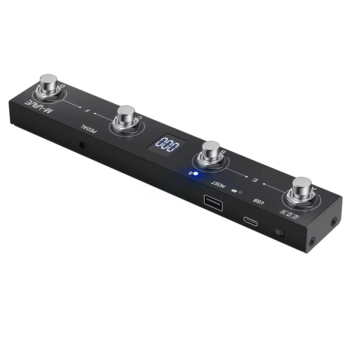 Black chocolate plus programmable midi controller pedalboard with four silver buttons footswitch support and usb-c ports