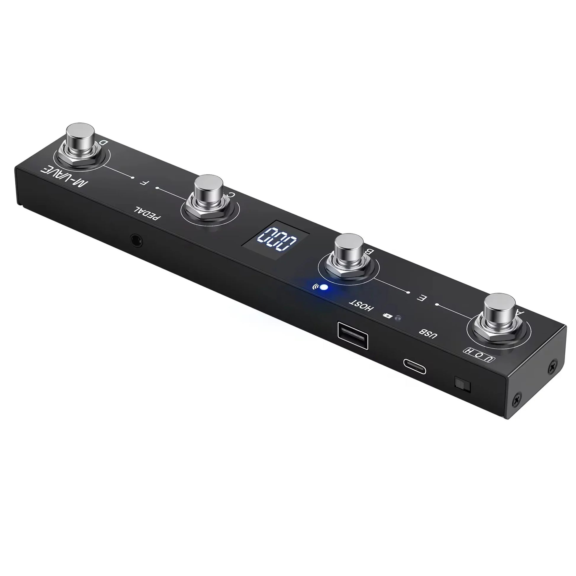 Black chocolate plus programmable midi controller pedalboard with four silver buttons footswitch support and usb-c ports