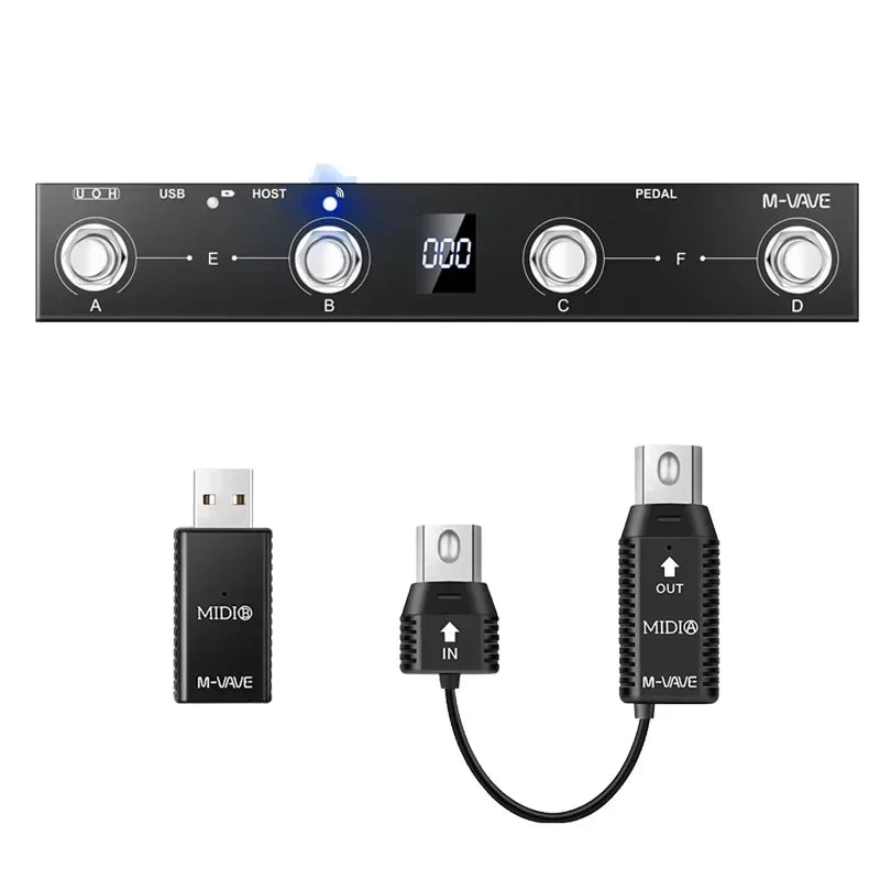 Black m-wave midi interface with four silver knobs digital display and two usb adapters for chocolate plus programmable midi controller with buttons footswitch support