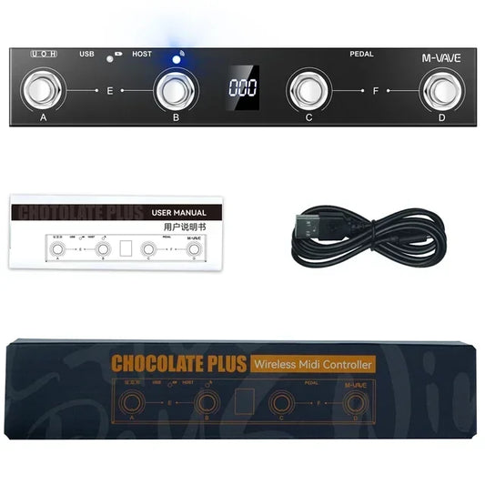 Black chocolate plus programmable midi controller with four silver knobs digital display and midi host interface ports