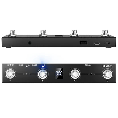 Black m-vave chocolate plus programmable midi controller pedalboard with four silver knobs usb and charging ports digital display