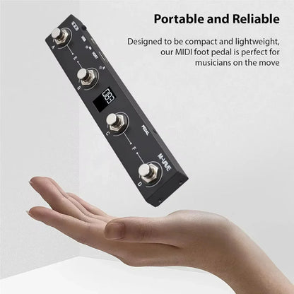 Black m-audio midi foot pedal with four silver knobs and digital display for chocolate plus wireless midi controller usb pedal
