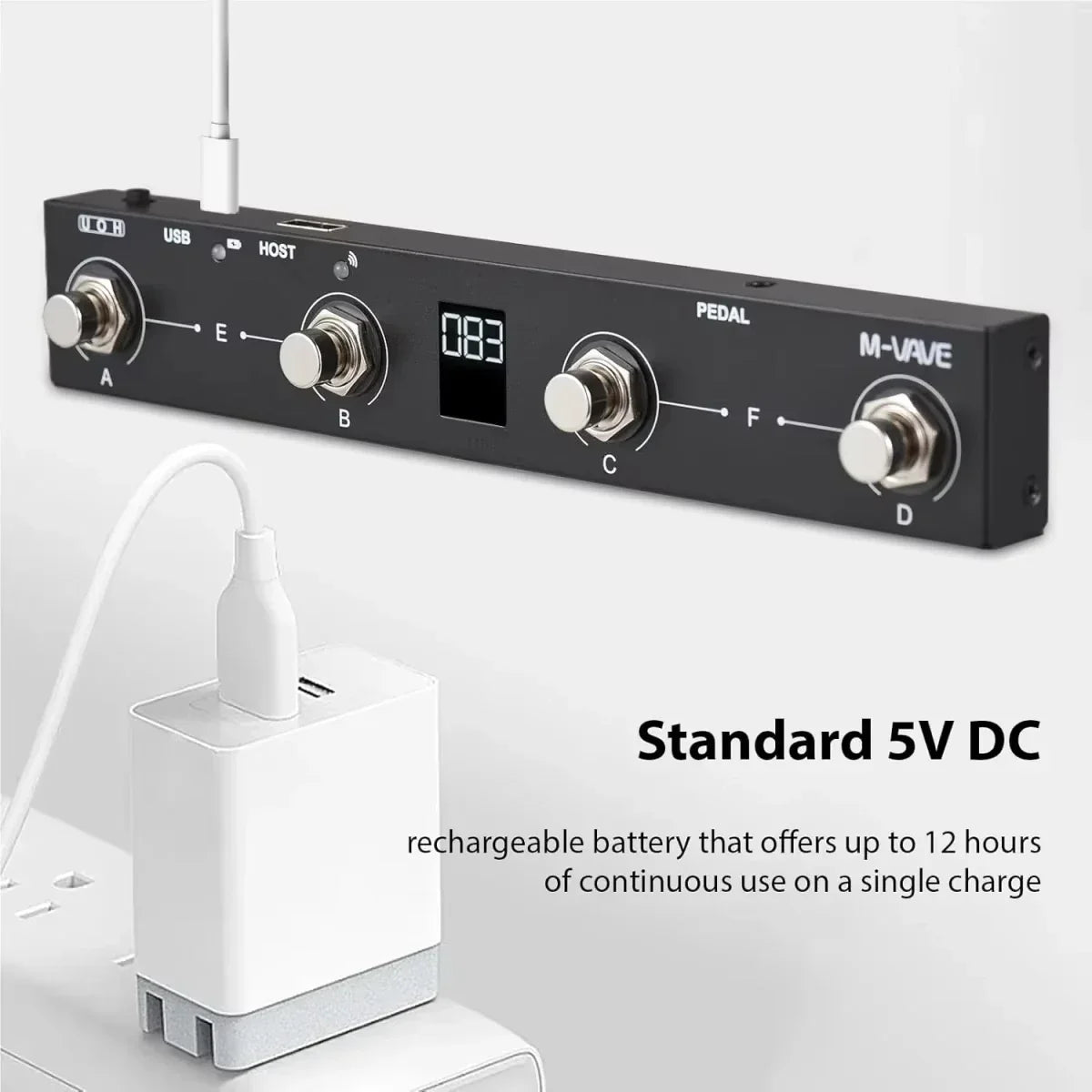 Black m-vave chocolate plus wireless midi controller pedal with four silver knobs and digital usb display 083