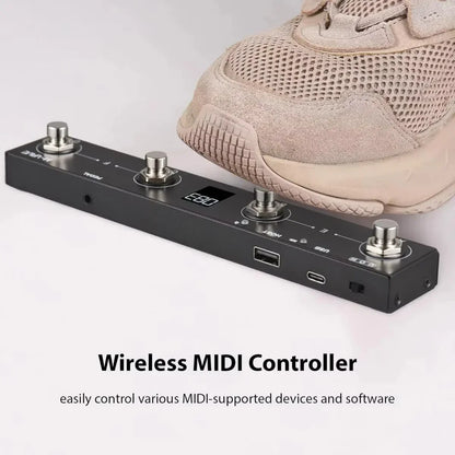 Black chocolate plus wireless midi controller with four silver usb pedals and digital display for daw and video use