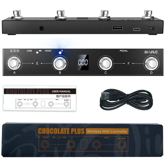 Black chocolate plus wireless midi controller with four silver knobs buttons foot switch and switch supports midi ports and display