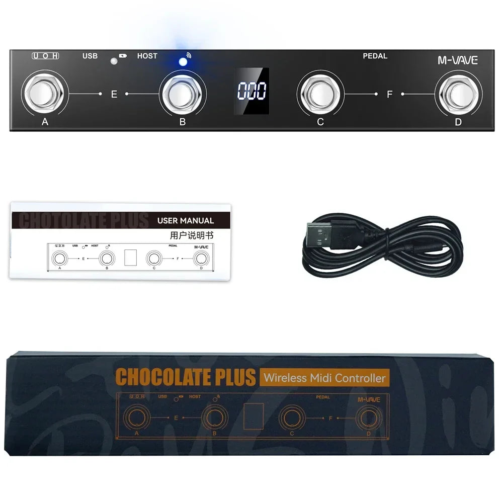 Black chocolate plus wireless midi controller keyboard with four silver knobs and labeled ports for host and pedal control functions