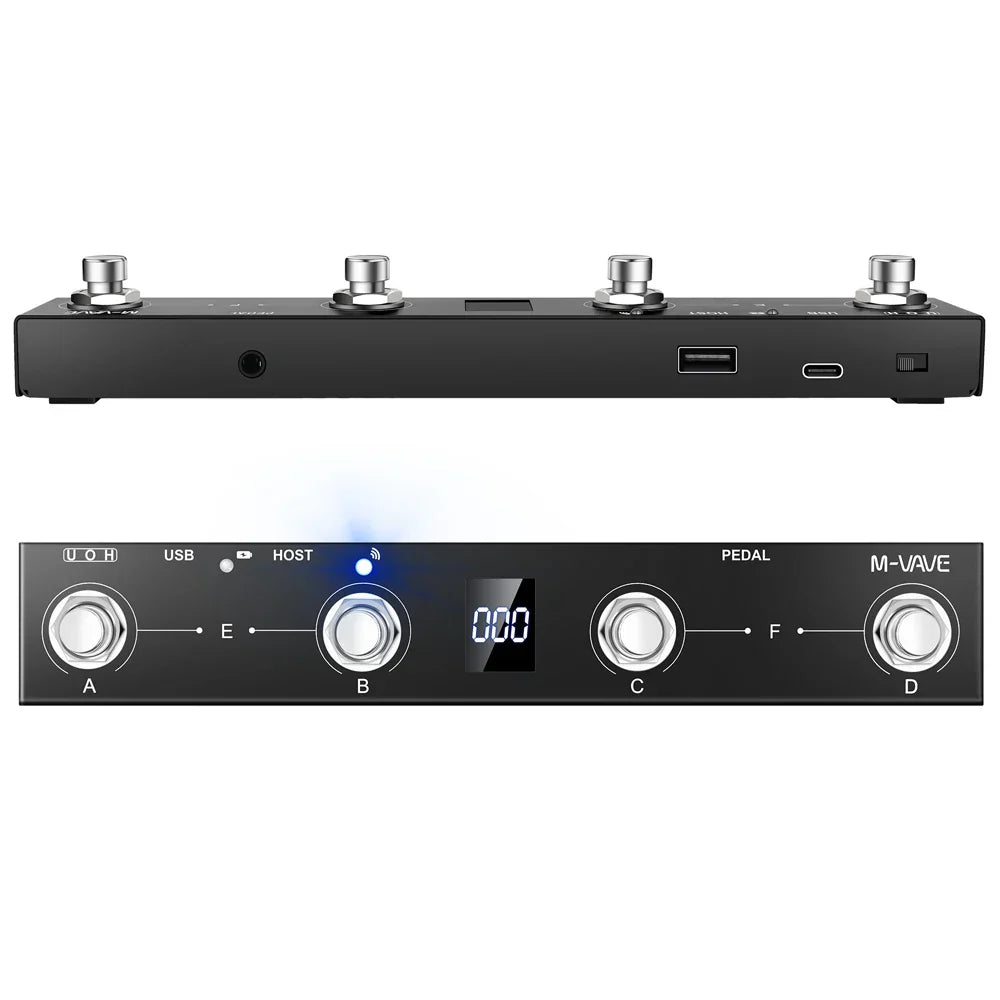 Black m-vave chocolate plus wireless midi controller audio pedal with four silver knobs usb and charging ports visible