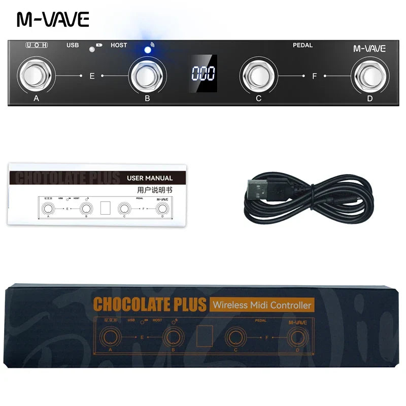Black m-vave chocolate plus wireless midi controller pedal with silver knobs digital display and sustain expression control