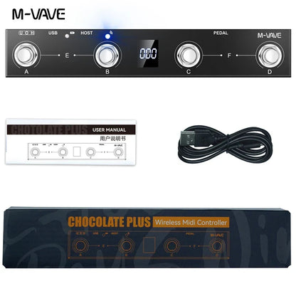 Black m-vave chocolate plus wireless midi controller pedal with silver knobs digital display and sustain expression control