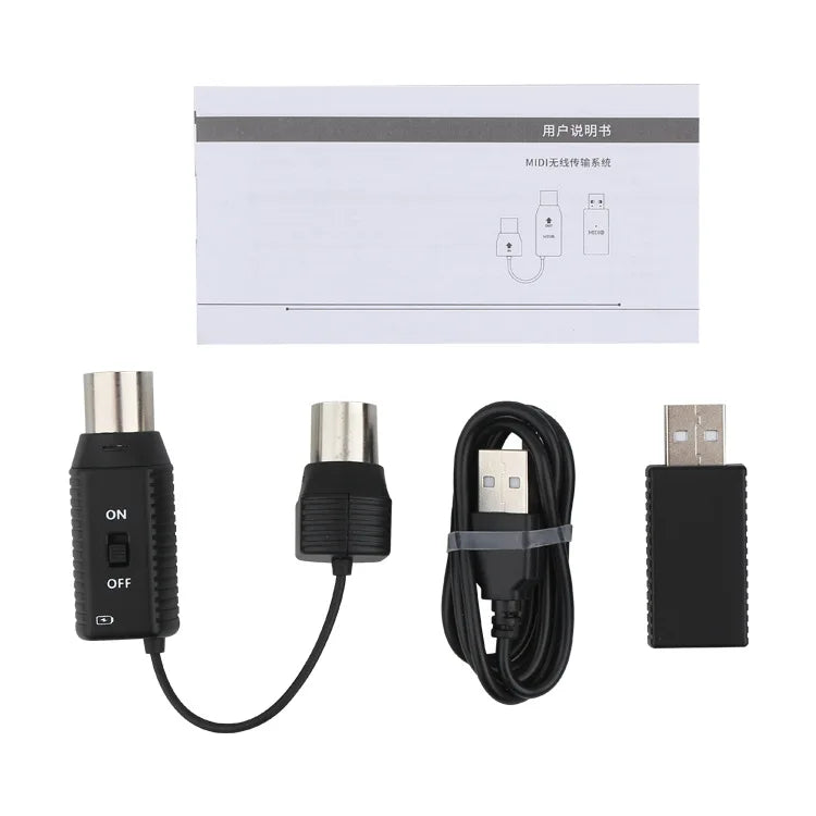 Black midi wireless midi controller pedal with usb receiver and audio cable featuring sustain expression control