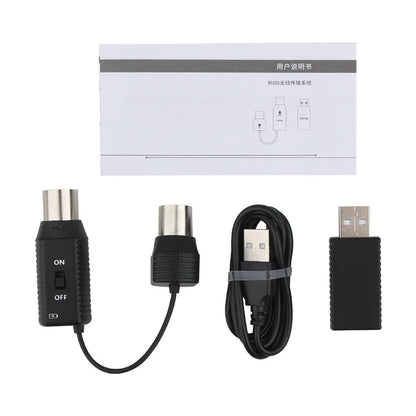 Black midi wireless midi controller pedal with usb receiver and audio cable featuring sustain expression control