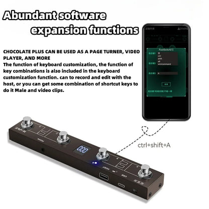 Black chocolate plus wireless midi controller pedal with five metallic knobs usb micro-usb ports and sustain expression control display 0:00