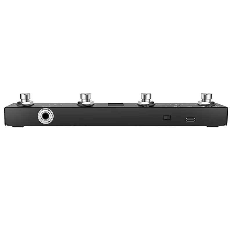 Black rectangular m-vave chocolate programmable wireless midi guitar pedal with four footswitches usb-c port and input jack
