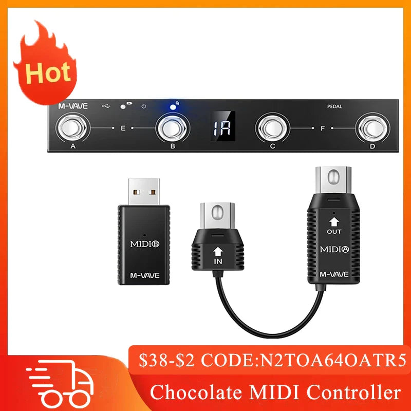 Black m-wave chocolate programmable wireless midi system with usb and expression pedal zoom interface components